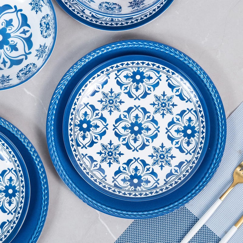 Webbylee Melamine Dinnerware Set -12pcs Outdoor and Indoor Plates and Bowls Set ,Service for 4, Dishwasher Safe, Blue Flower - Image 5